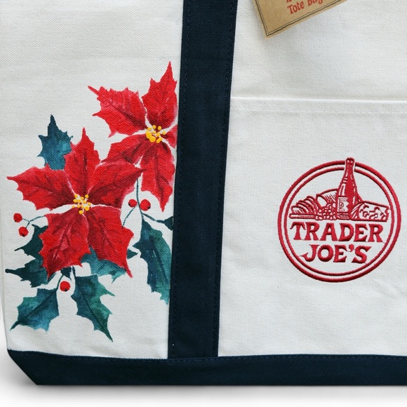 Hand Painted Trader Joe Canvas Christmas Tote Bag with Poinsettia and Red Berry - Picture 3 of 4